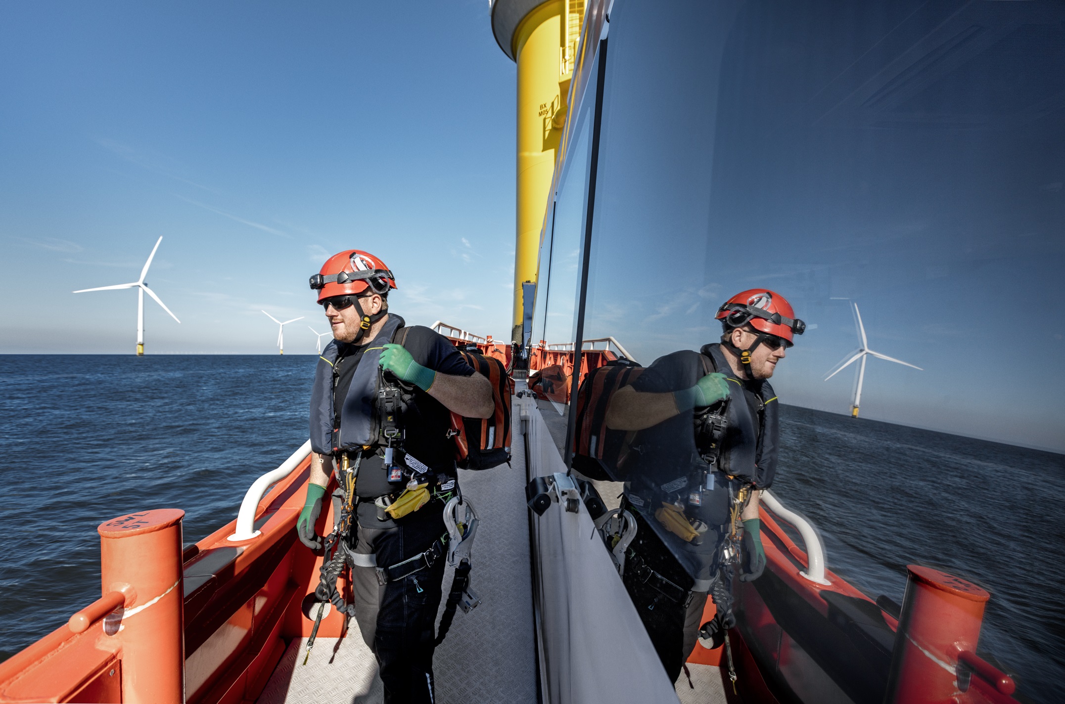 An operator works at Ørsted’s Burbo Bank Extension offshore wind farm, in Northwest UK